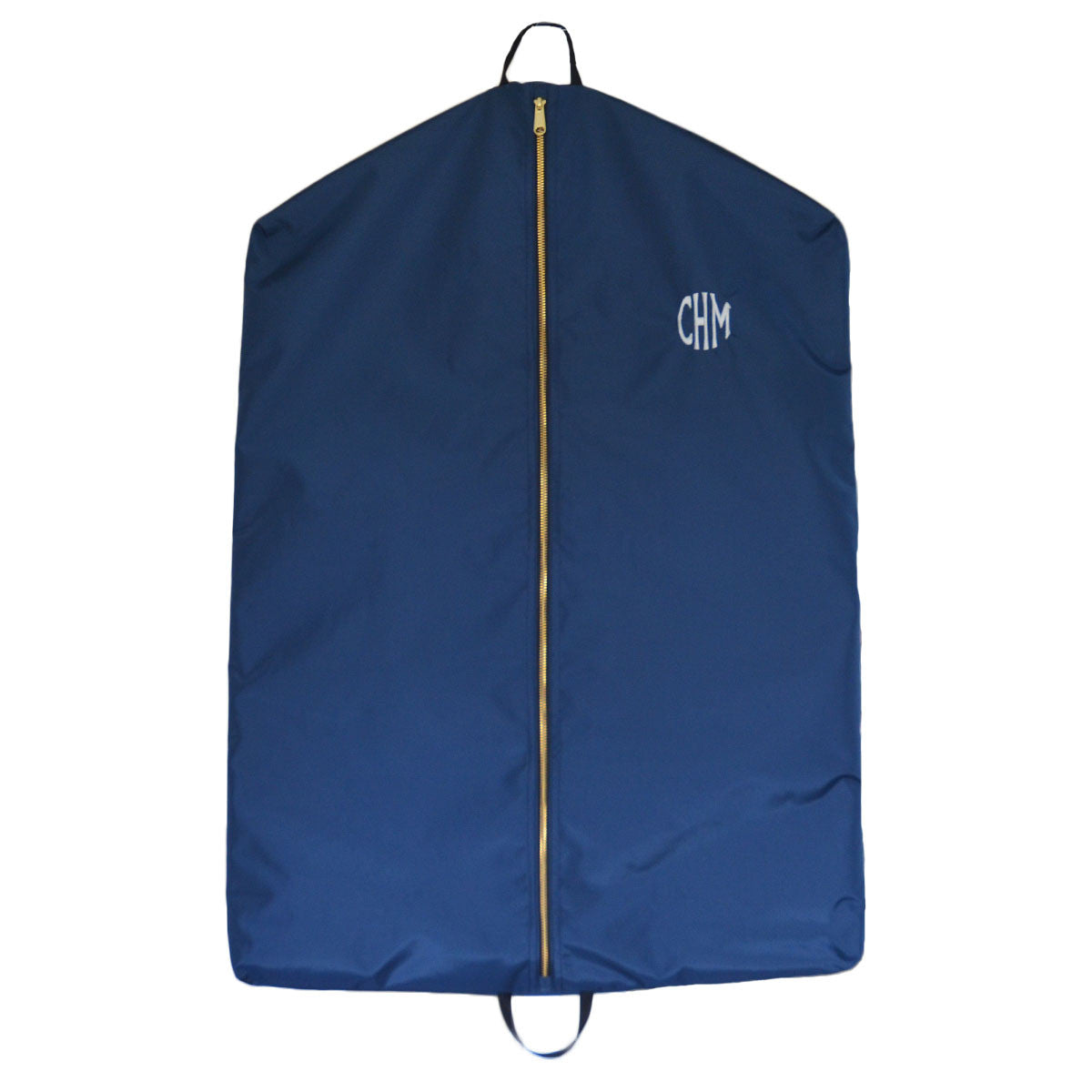 Navy garment bag with monogram