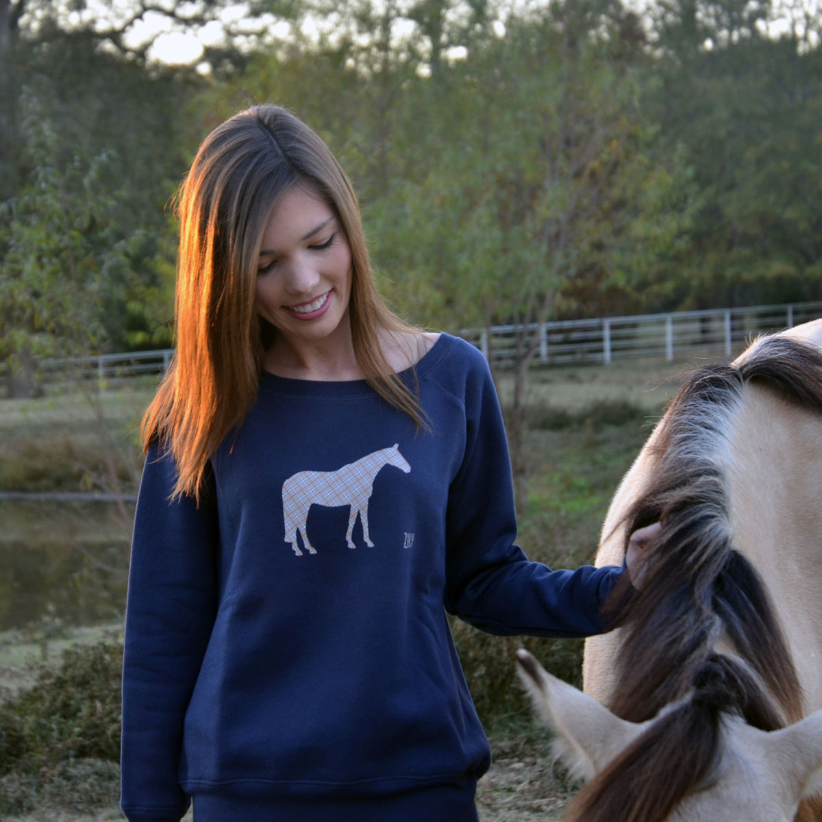 equestrian horse sweater with plaid horse